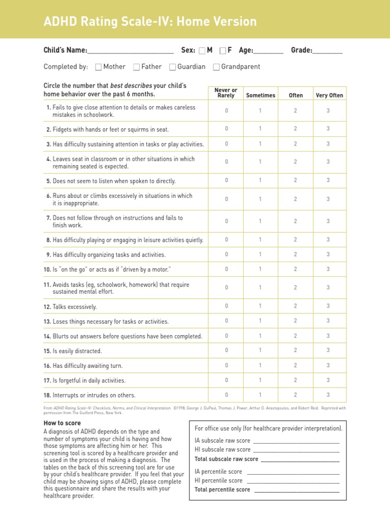 Adhd Rating Scale Iv Home Version Pdf Attention Deficit Hyperactivity Disorder Positive Psychology