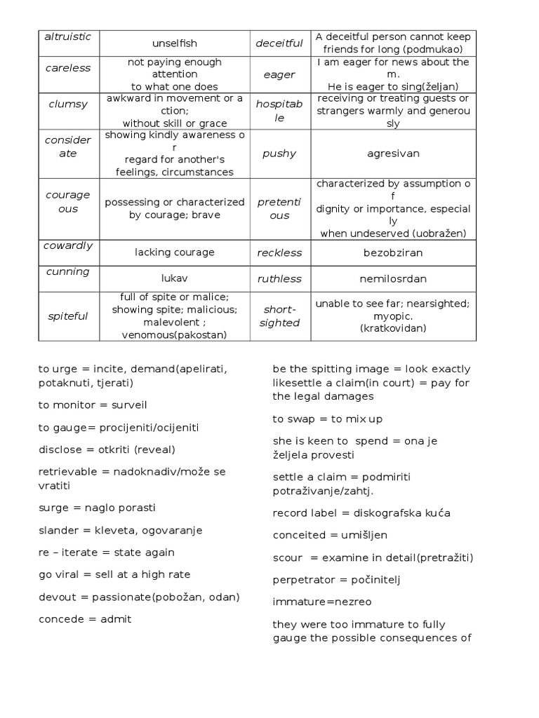 Vocabulary of Personal Traits and Actions | PDF