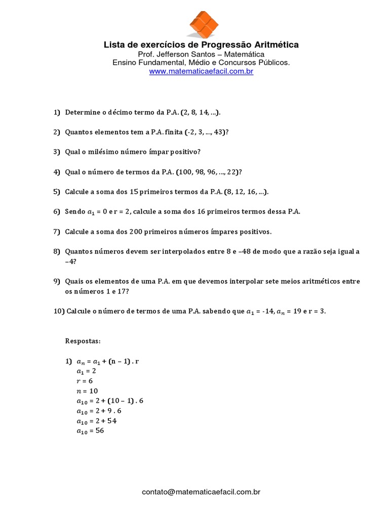 Exercícios de Progressão Aritmética | PDF | Conceitos matemáticos ...