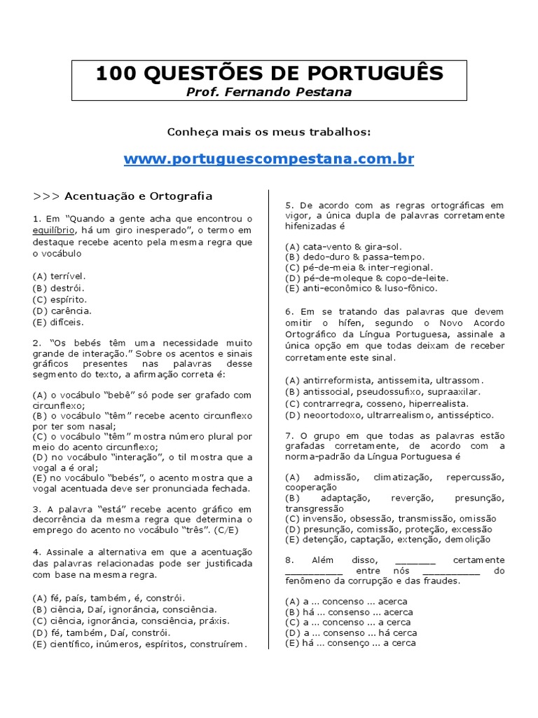100 Questões de Português para Concursos | PDF | Assunto (gramática ...