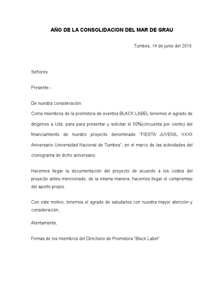 Modelo De Carta De Solicitud De Financiamiento Pdf