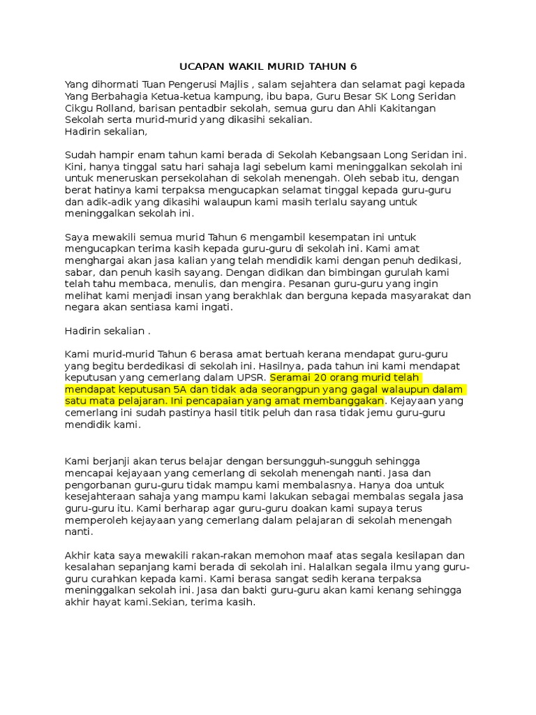 Ucapan Wakil Murid Tahun 6 | PDF