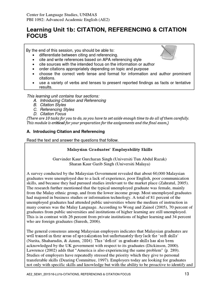 Unit 1b Citation Referencing Citation Focus Answers Citation Child Development