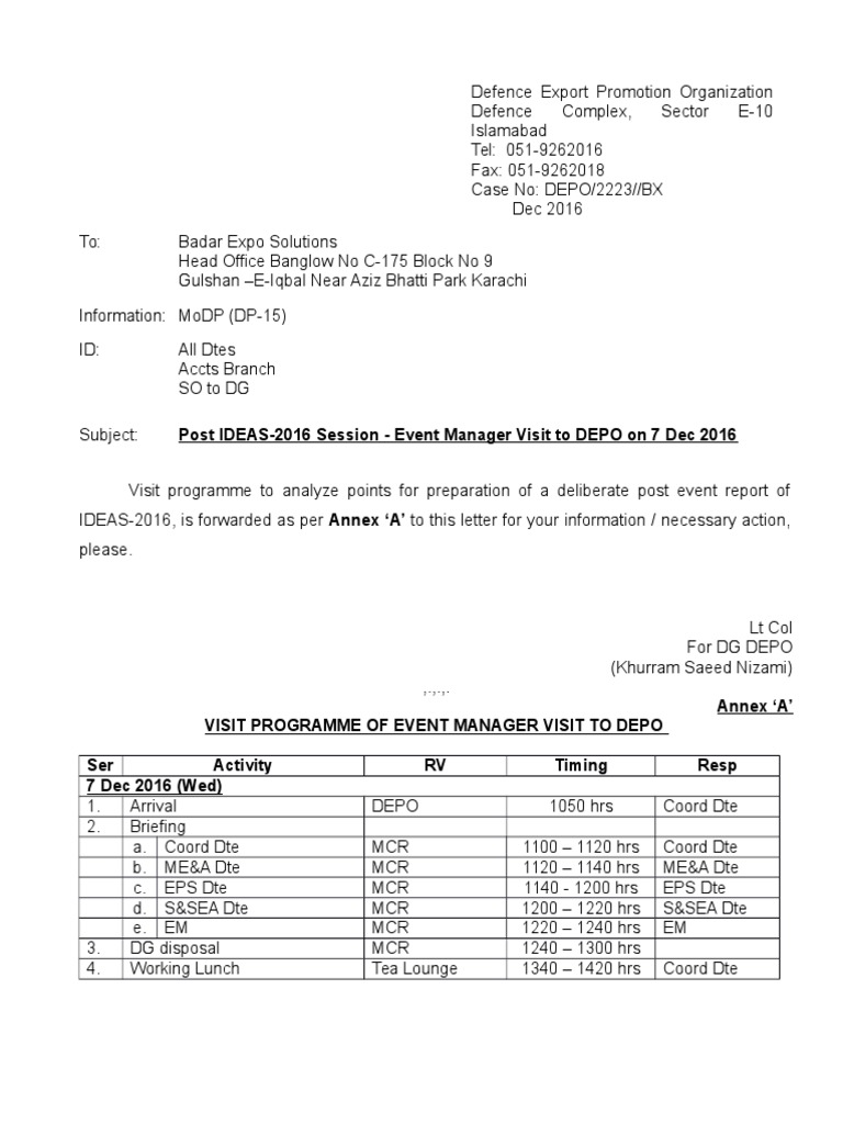 DEPO Event Manager Visit Agenda | PDF