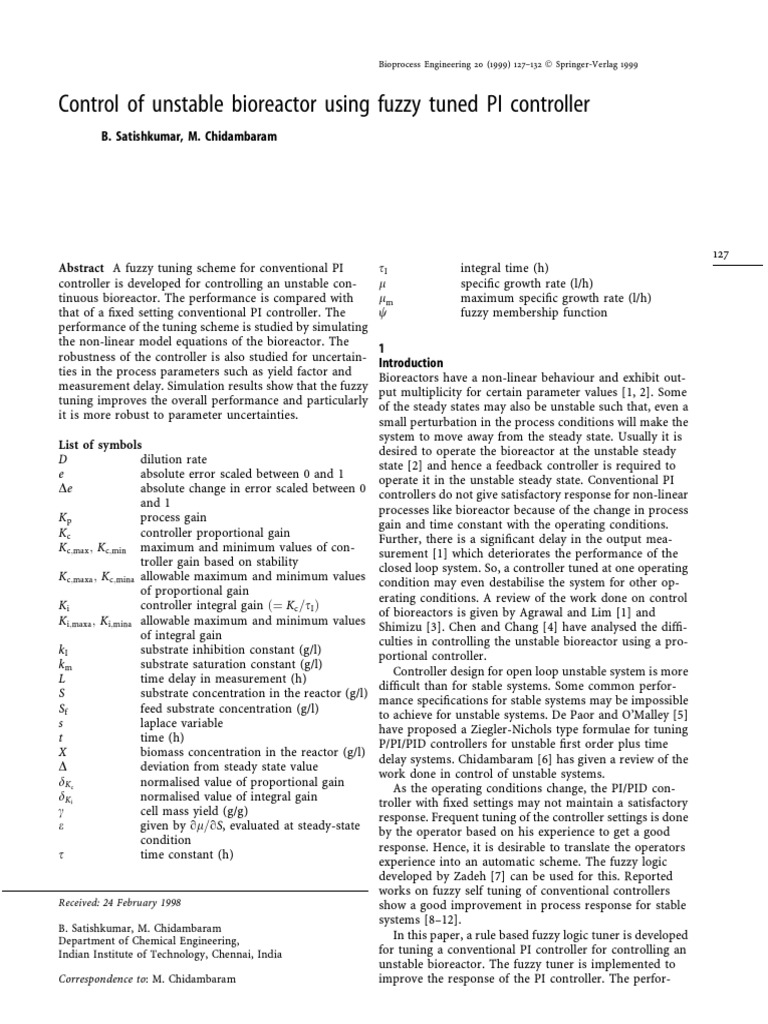 Control of Unstable Bioreactor Using Fuzzy Tuned PI Controller PDF | PDF