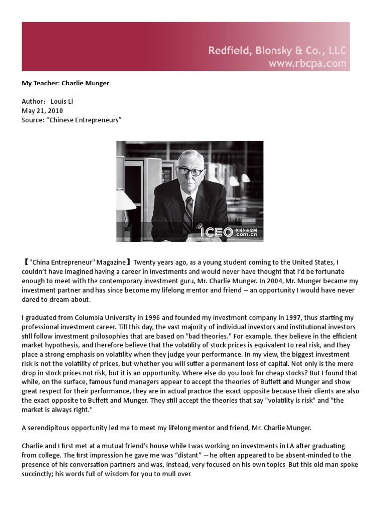 My Teacher: Insights from Charlie Munger | PDF | Investor | Investing