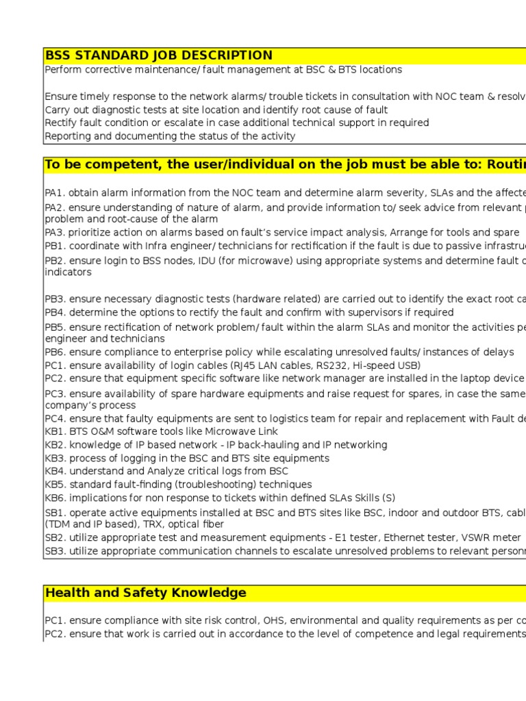 Bss Job Description Skill PDF Safety Technical Support