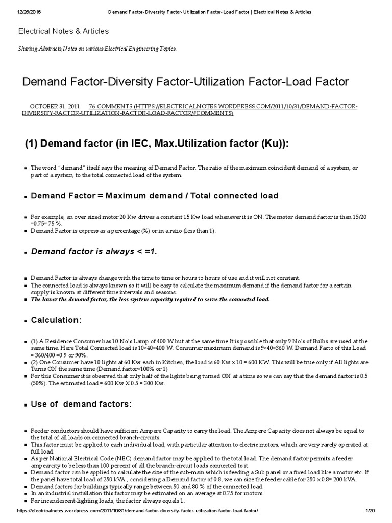 Demand FactorDiversity FactorUtilization FactorLoad Factor Electrical Notes & Articles