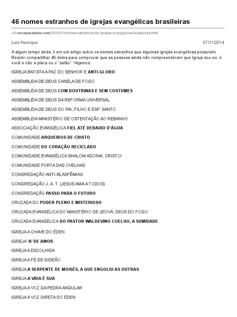 Nomes Estranhos de Igrejas Evangélicas | PDF | Igreja cristã | Evangelismo