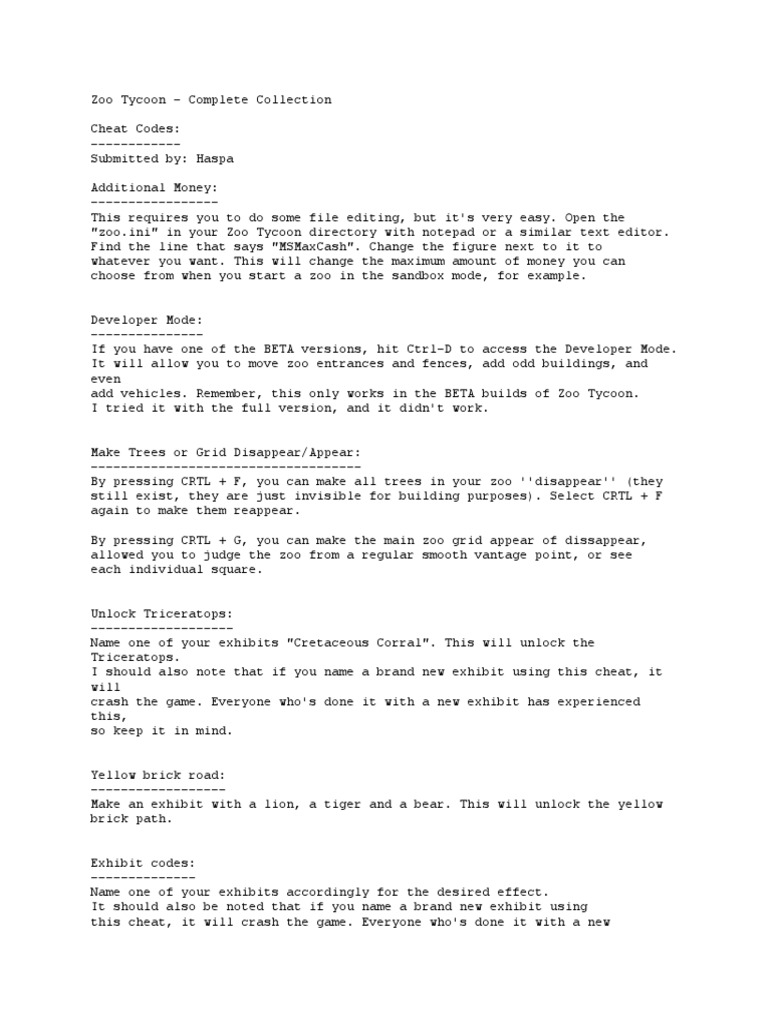 Complete Zoo Tycoon Cheat Codes and Hints PDF Nature Leisure