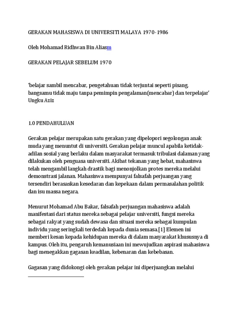 Gerakan Mahasiswa Di Universiti Malaya 1970 1984 Pdf