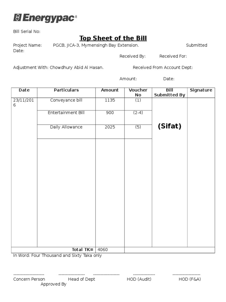 Conveyance Bill Top Sheet Format | PDF