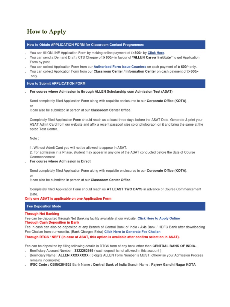 How To Apply For Allen Nurture Courses PDF Cheque Fee