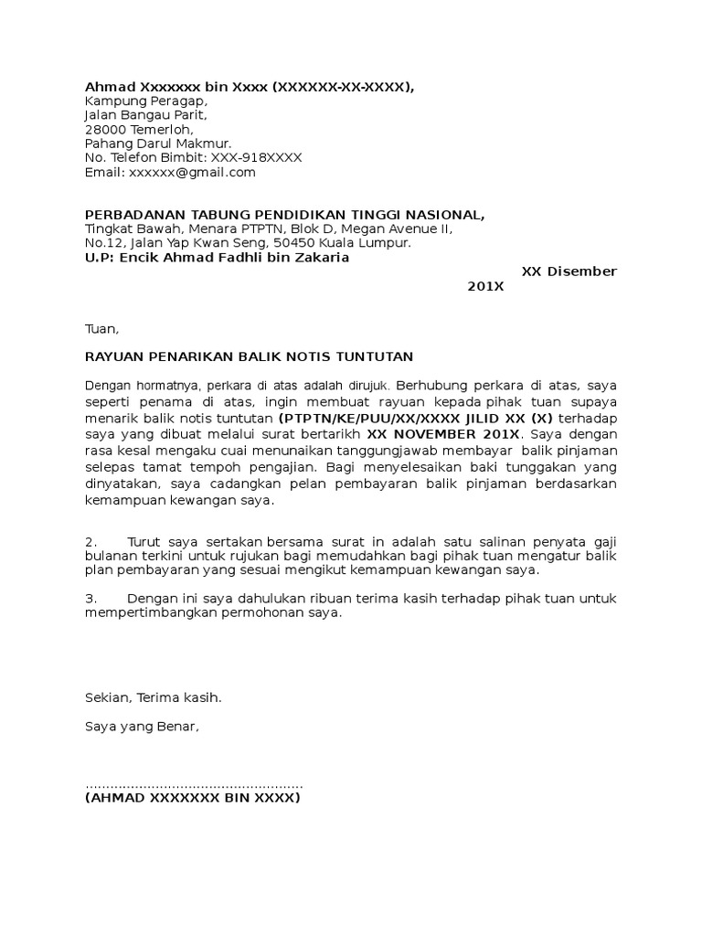 Contoh Surat Rayuan Penarikan Balik Notis Tuntutan PTPTN