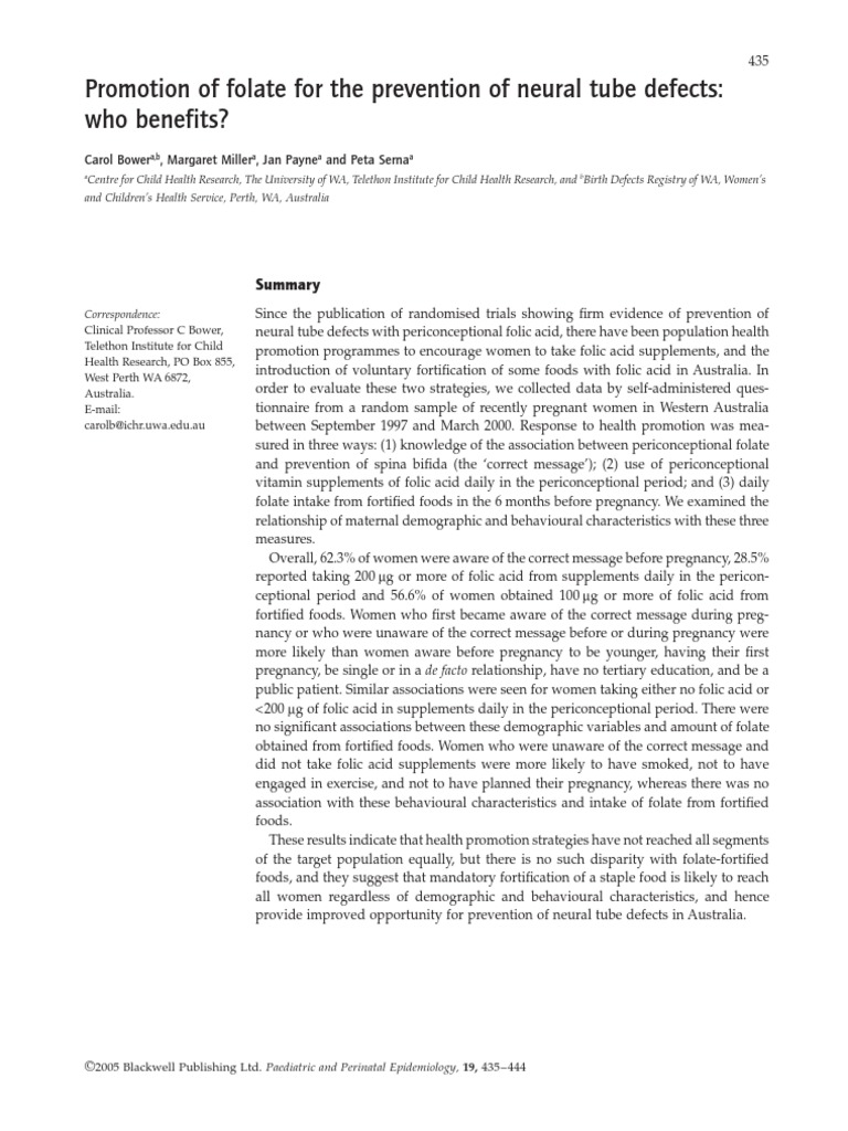 Promotion of Folate For The Prevention of Neural Tube Defects: Who ...