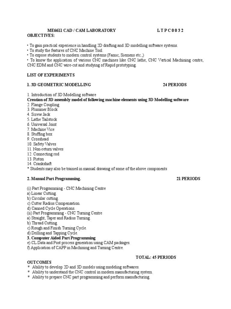 Me6611 Cad Cam Lab Syllabus | PDF