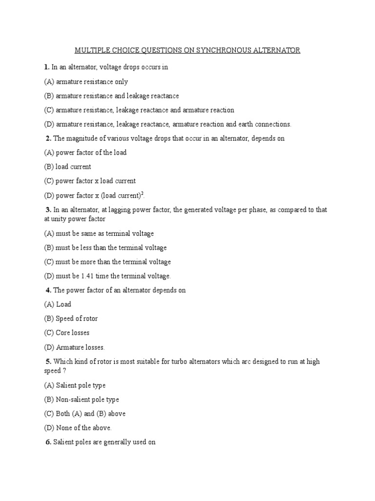 Multiple Choice Questions On Synchronous Alternator PDF Electrical