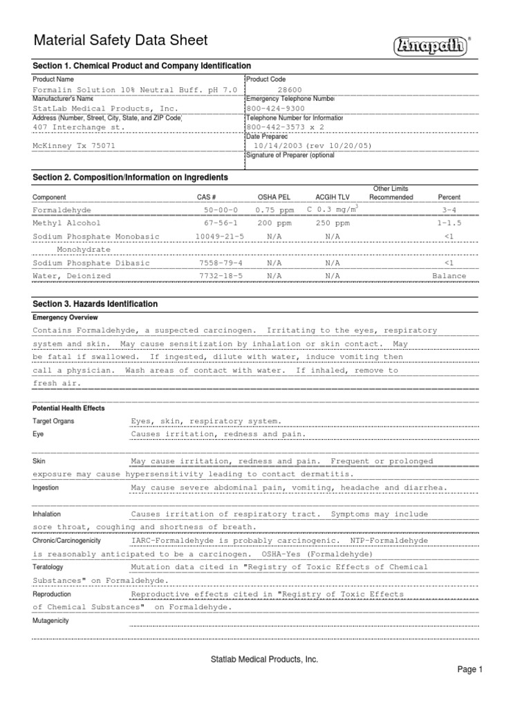 MSDS Formalin | PDF | Formaldehyde | Firefighting