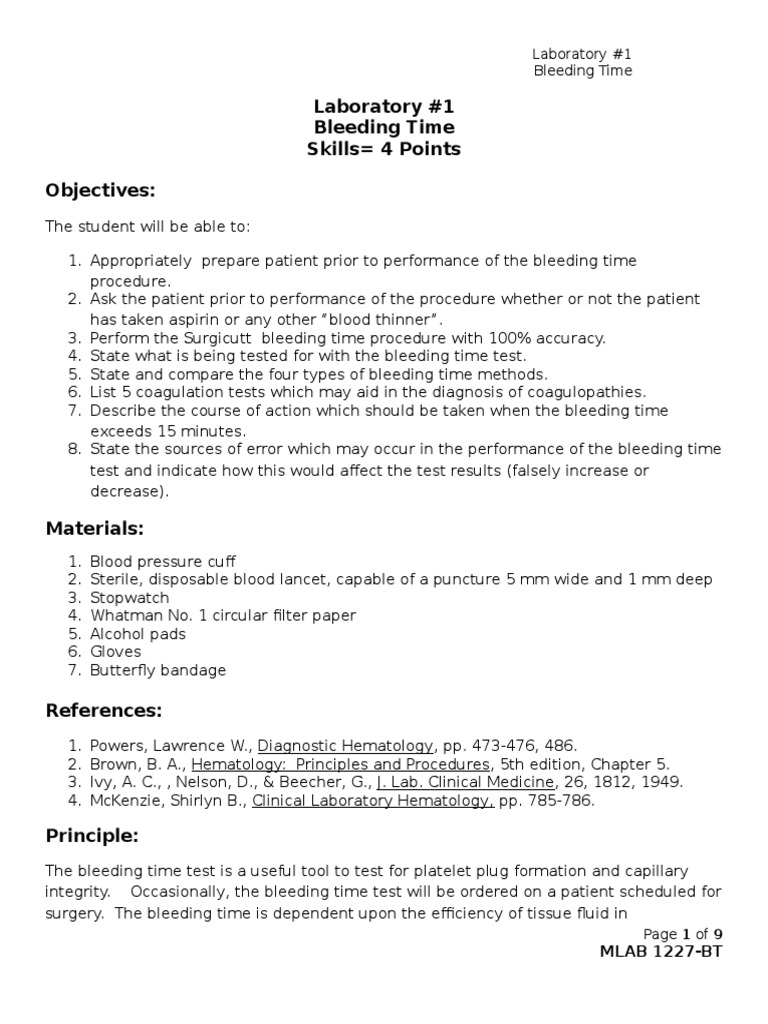 Bleeding Time Test Procedure Guide | PDF