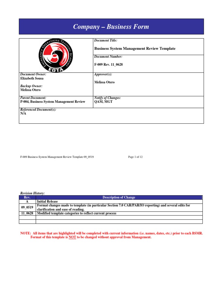 Business System Management Review Template | PDF | Iso 9000 | Economies