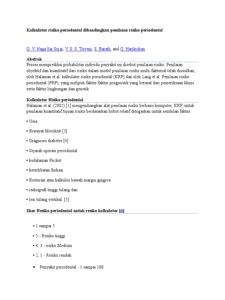 Periodontal Risk Calculator Versus Periodontal Risk Assessment PDF