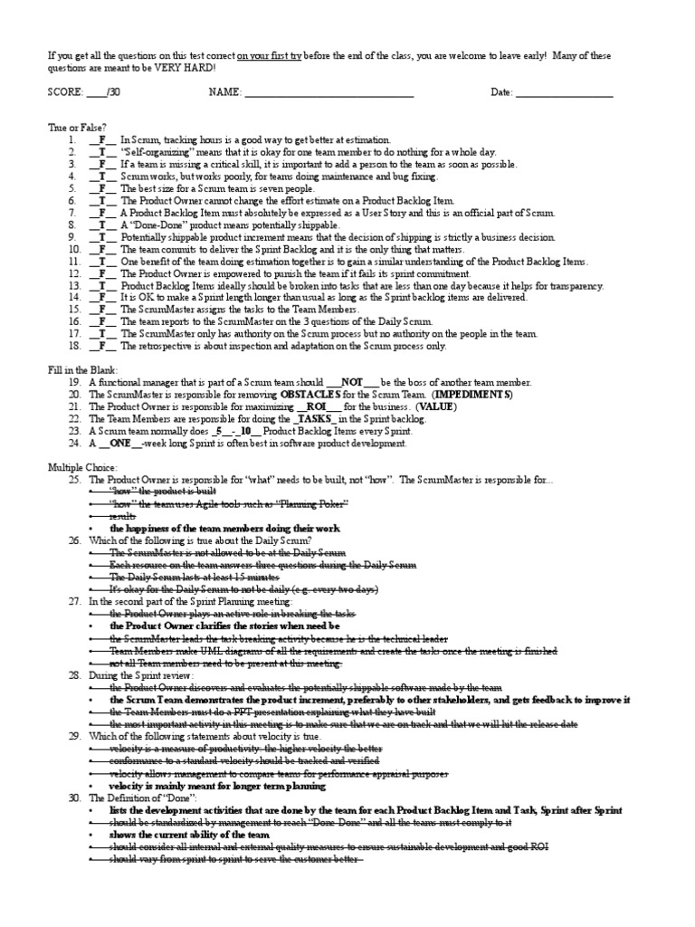 CSM Class Test Answer Key | PDF | Career & Growth | Business