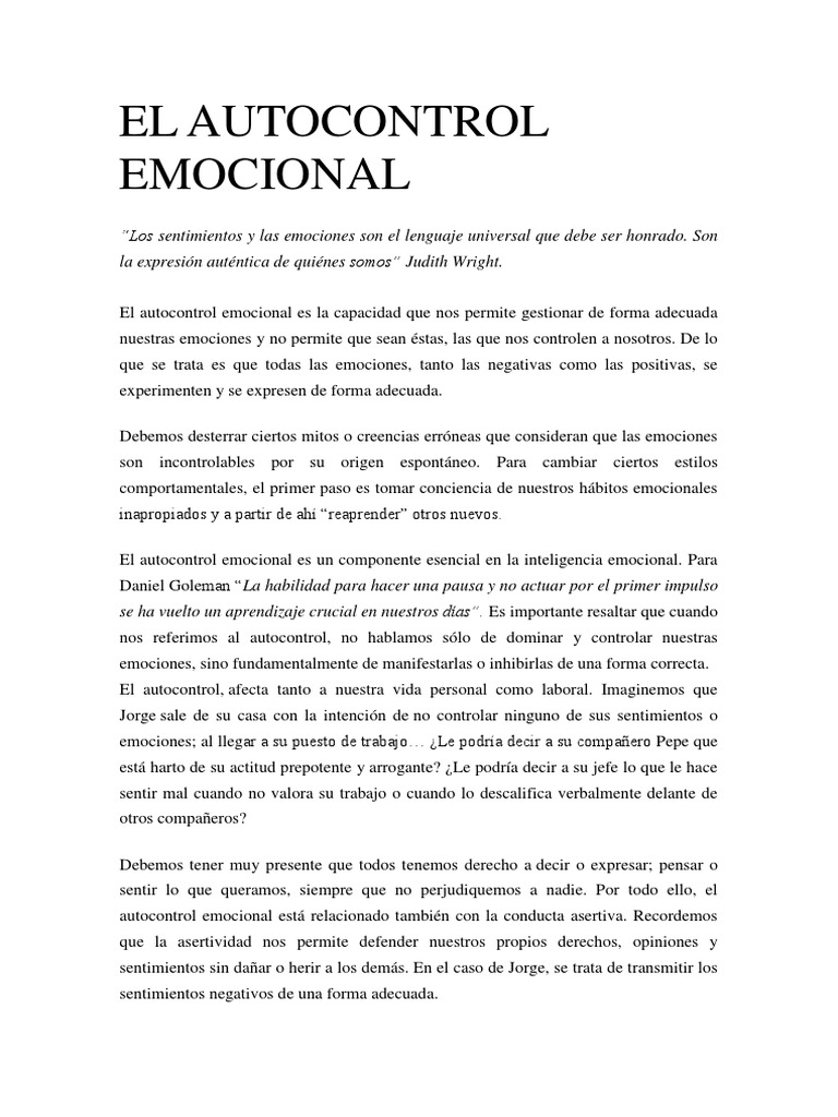 Autocontrol Emocional | PDF | Las emociones | Inteligencia emocional