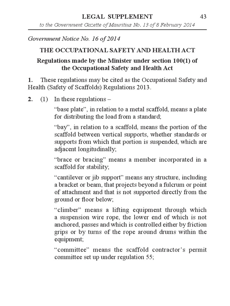 OSH (Safety of Scaffolds) Regulations 13 | Scaffolding | Equipment