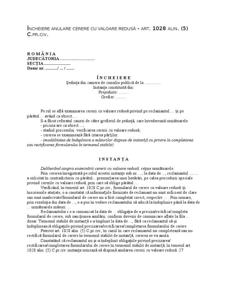 Incheiere Anulare Cerere Cu Valoare RedusÄƒ Pdf