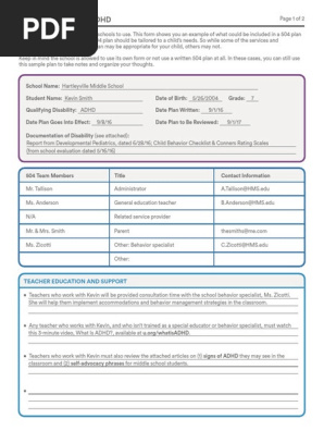 504 Plan ADHD Sample