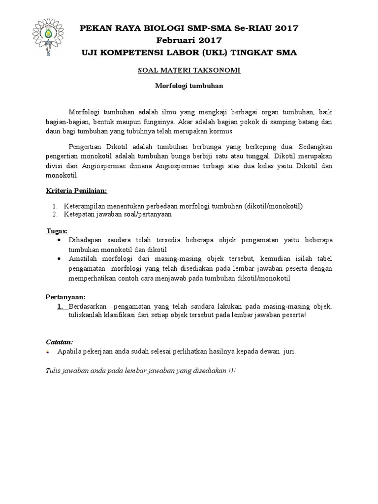 Soal Materi Taksonomi Morfologi Tumbuhan Monokotildikotil
