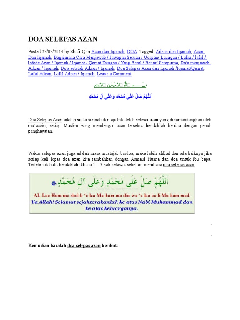 Doa Selepas Azan Pdf