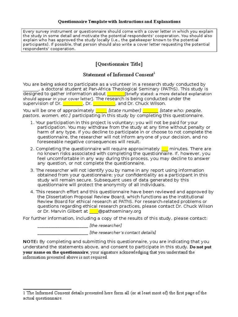 Questionnaire Template MASTER With Instructions 2014 FEB05 | PDF ...