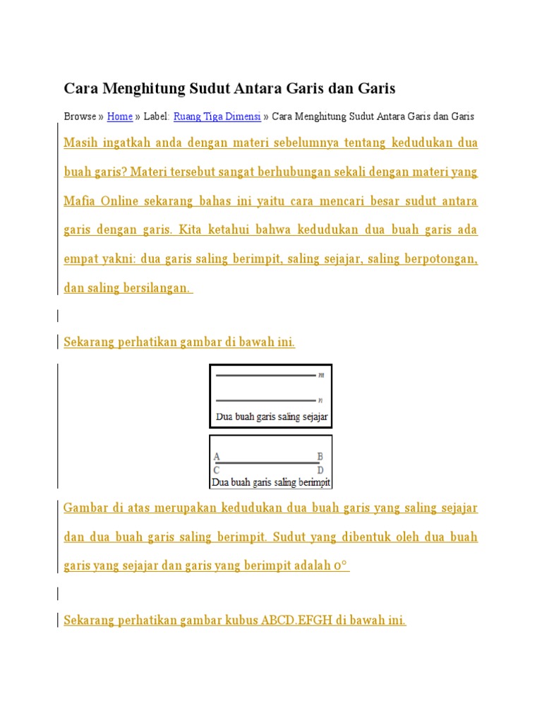 Sudut Antara Dua Garis Pada Dimensi Tiga Konsep Matematika Koma