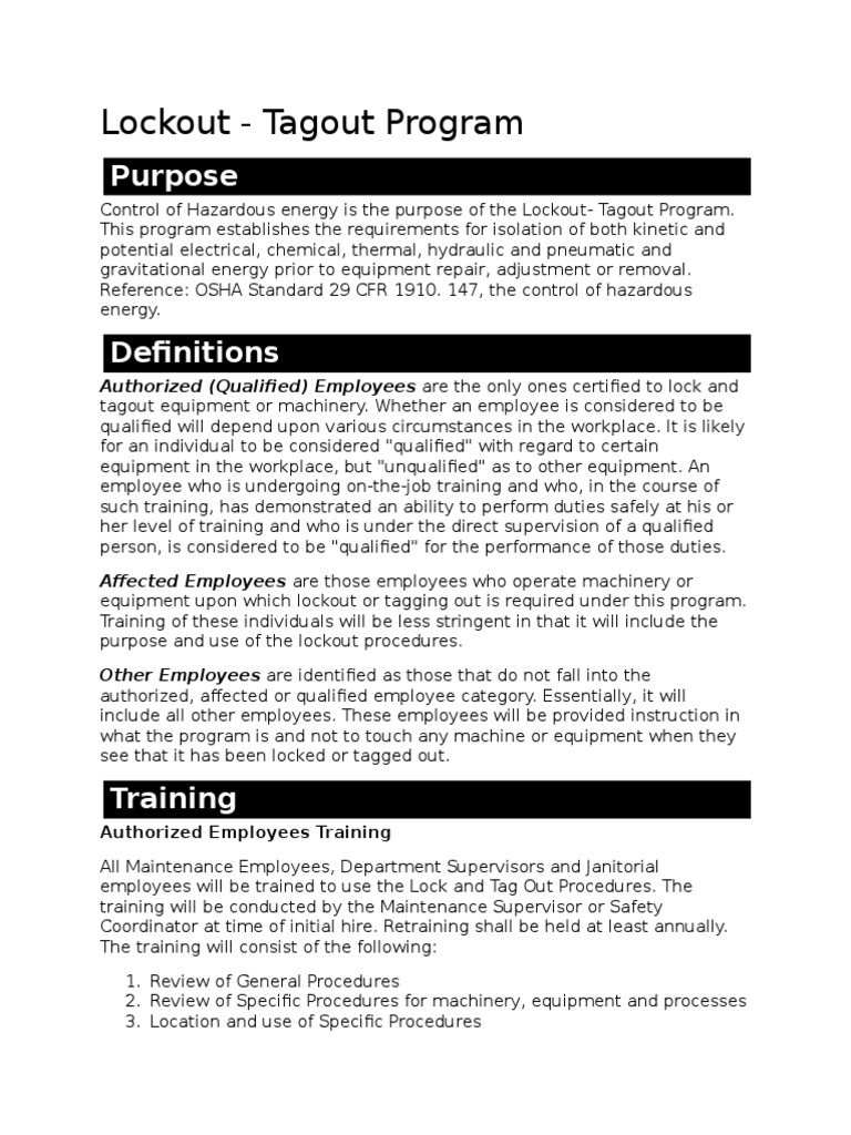 Lockout Tagout Program PDF Safety Engineering