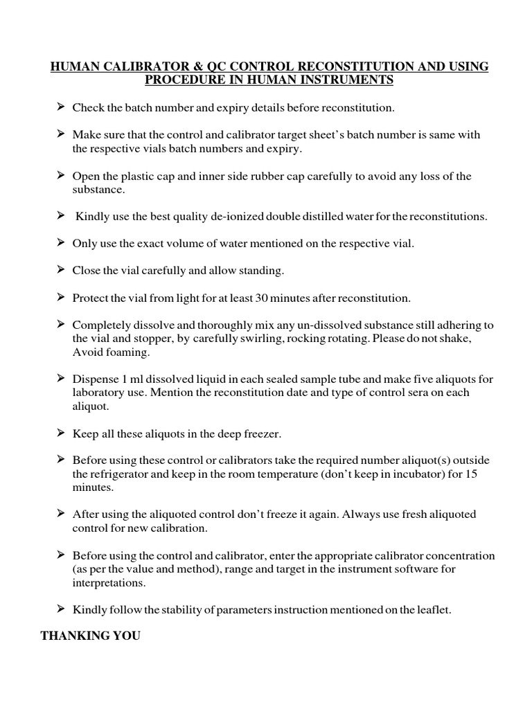 Human Calibrator & QC Control Reconstitution and Using Procedure in Human Instruments PDF