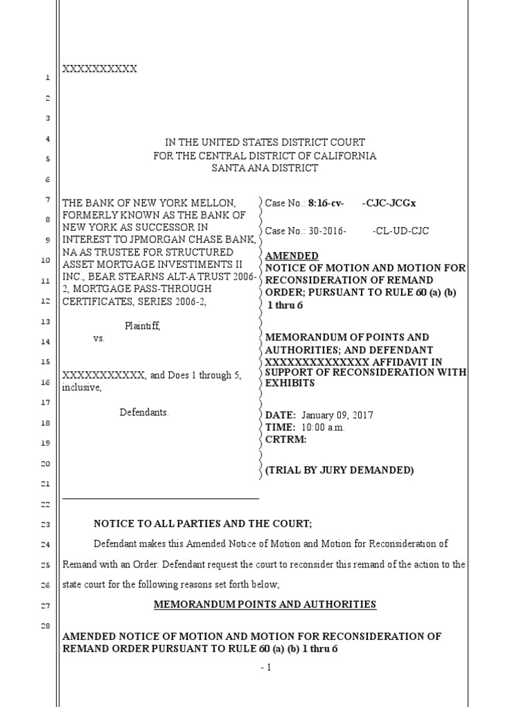 Amended Notice of Motion For Order To Reconsider Remand To State Court |  PDF | Standing (Law) | Lawsuit