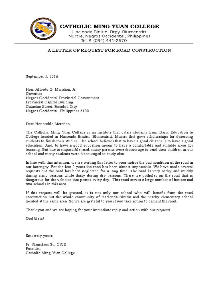 A sample Letter of Request for Road Construction