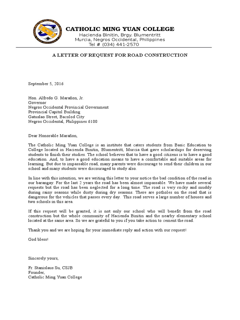 A sample Letter of Request for Road Construction A sample Letter of Request for Road Construction