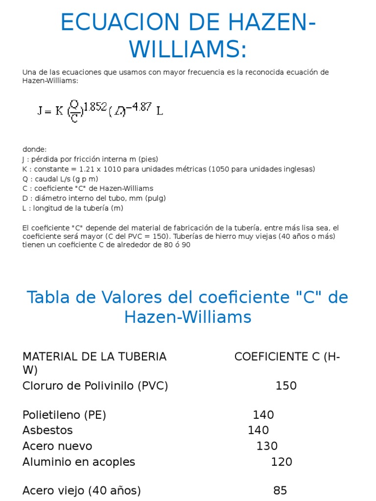 Ecuacion de HazenWilliams PDF Física Aplicada e Interdisciplinaria