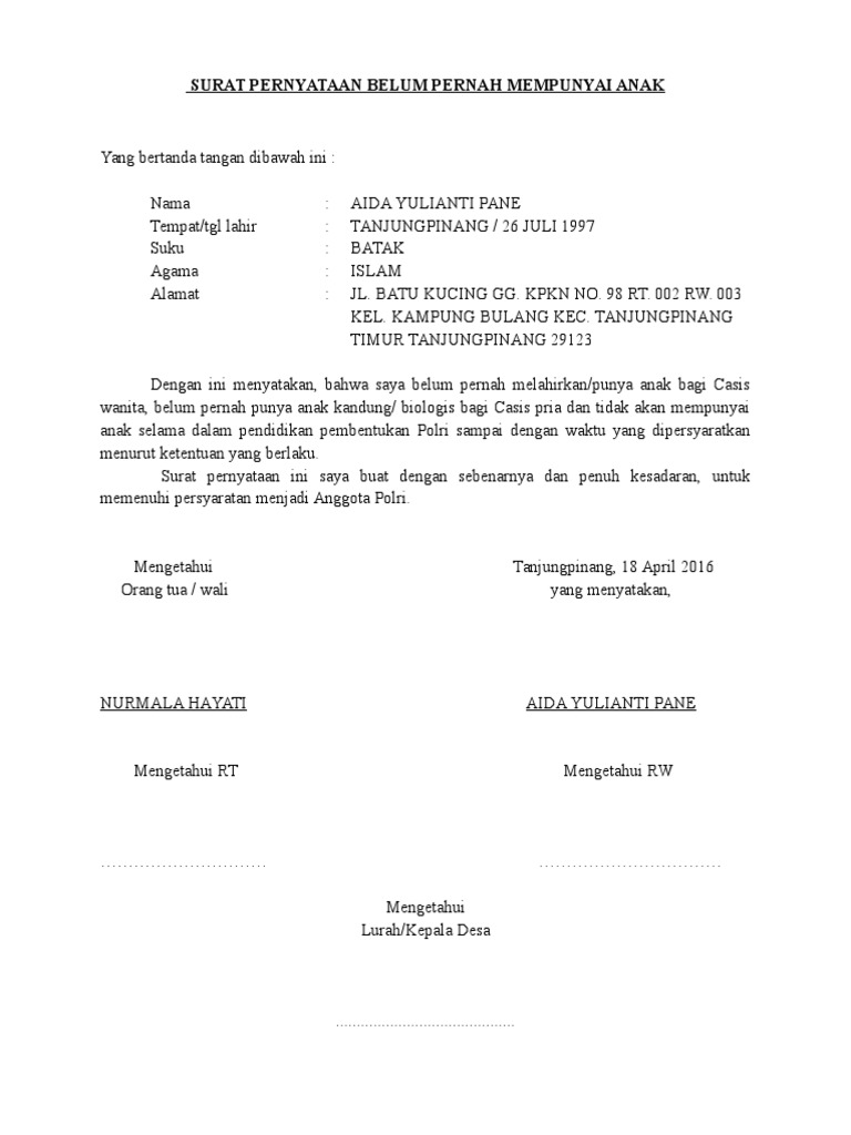 Surat Pernyataan Belum Pernah Menikah