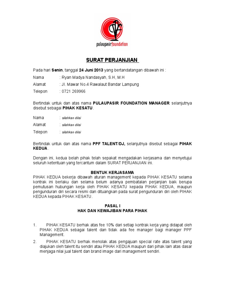 Surat Perjanjian Kerjasama Ppf Talent 2013
