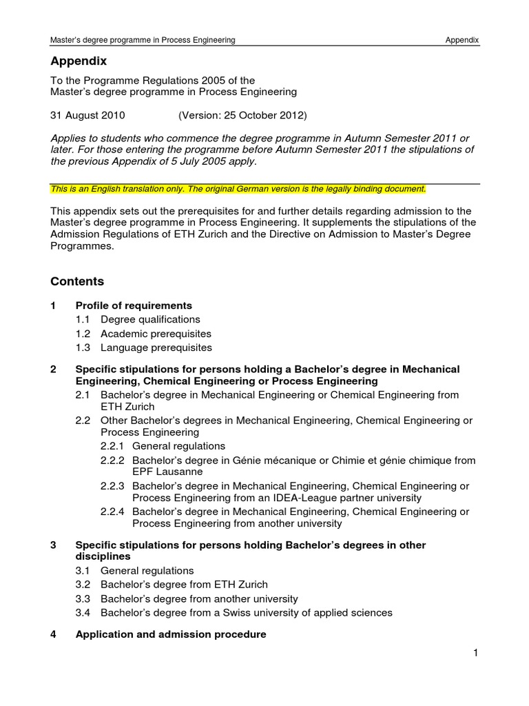 MSc Process Engineering Appendix at ETH Academic Degree University