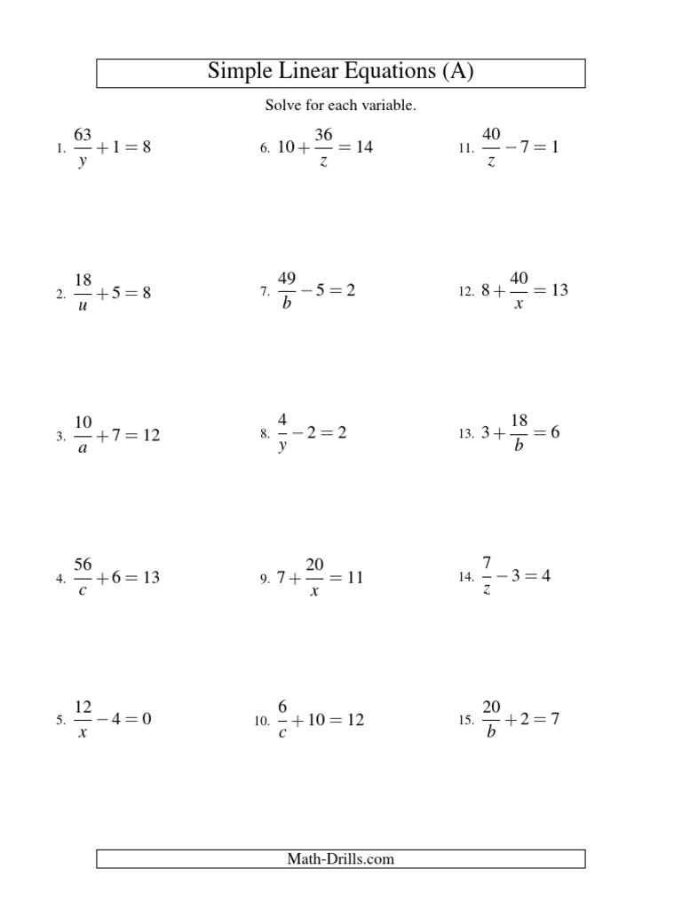 Simple Linear Equations Practice | PDF | Equations | Differential Calculus