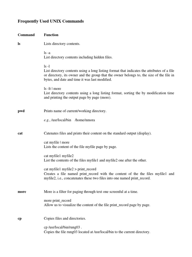 Frequently Used UNIX Commands: Command Function Ls | PDF
