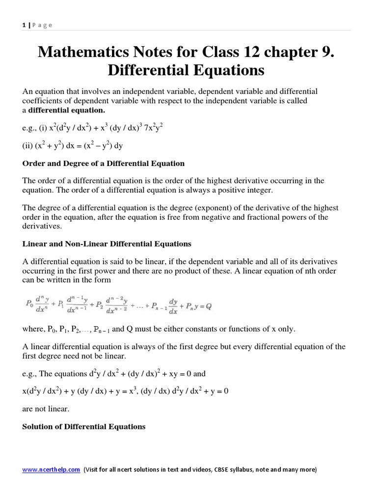Class 12 Differential Equations Guide | PDF | Equations | Differential ...