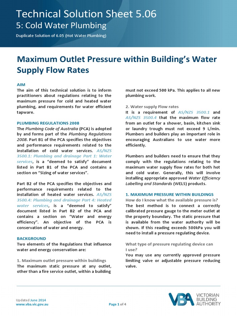 5.06 Cold Water Plumbing Maximum Outlet Pressure Within Buildings Water