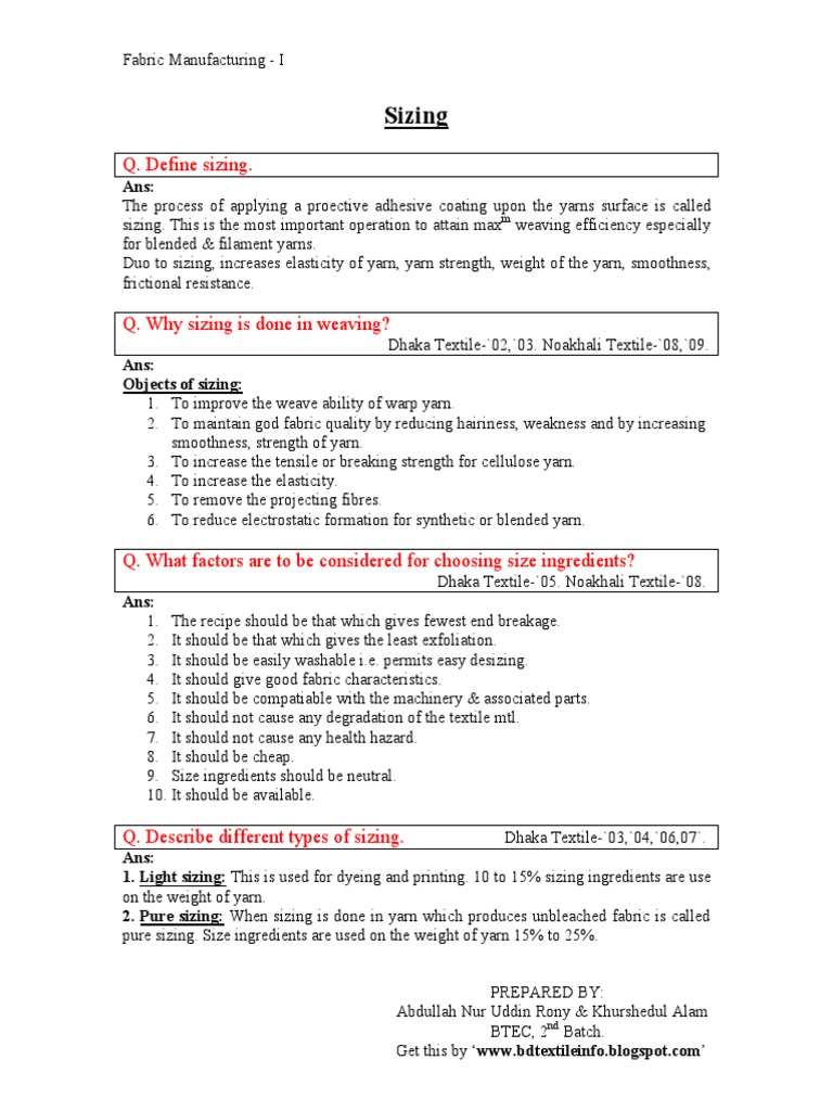 Fabric Manufacturing I Sizing Pdf Yarn Textiles
