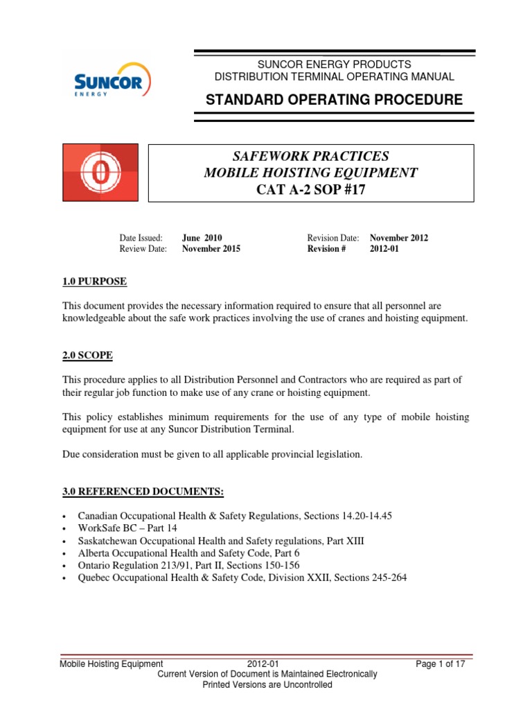 SUNCOR Standard Operating Procedures Mobile Hoisting Equipment PDF Crane (Machine) Rope