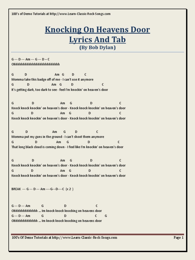 Knocking On Heavens Door Lyrics And Tab By Bob Dylan